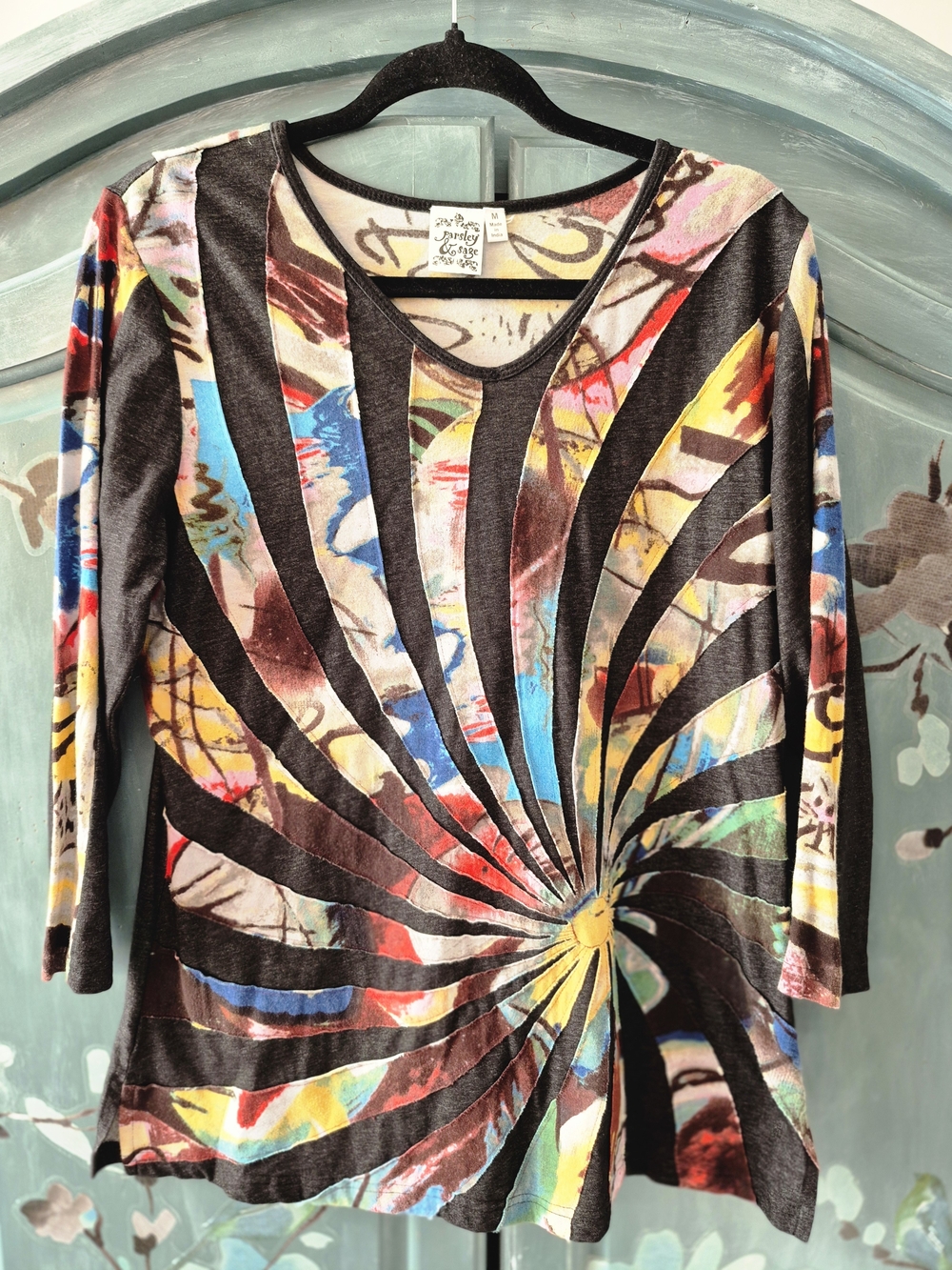 Art Deco Parsley & Sage Black Long Sleeve Top with Multicolor Spiral Burst
